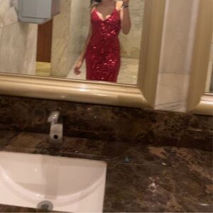 size 0, long dress, shimmery red